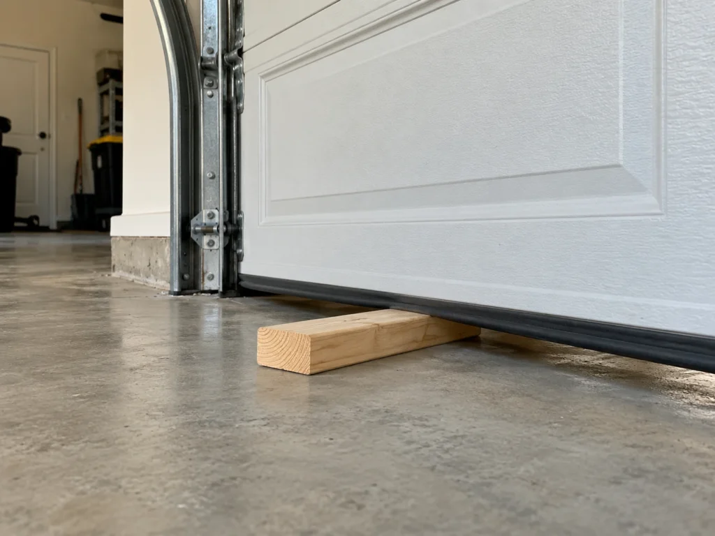 Garage door closing onto a 2x4 board laid flat on the floor for a safety reverse test