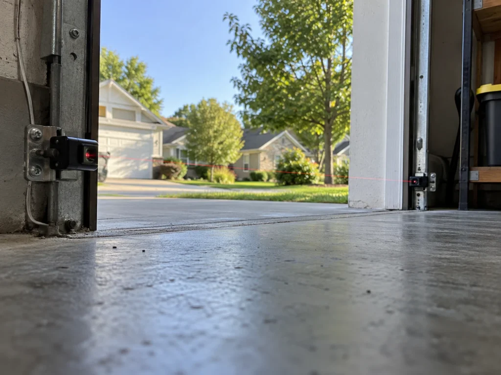 Safety sensors sending an infrared beam across the bottom of a garage door opening