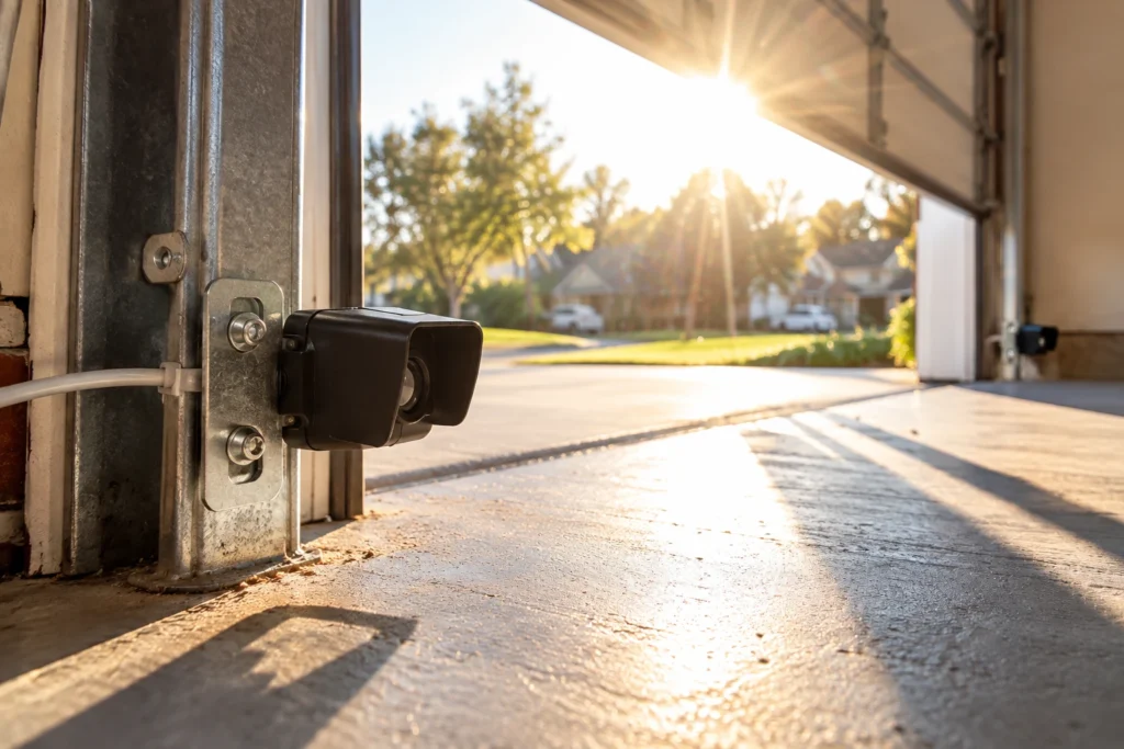 Afternoon sun hitting a garage door sensor fitted with a sun shade