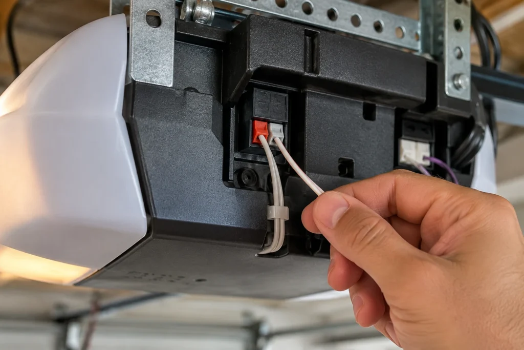Checking the safety sensor wires at the back of the garage door opener