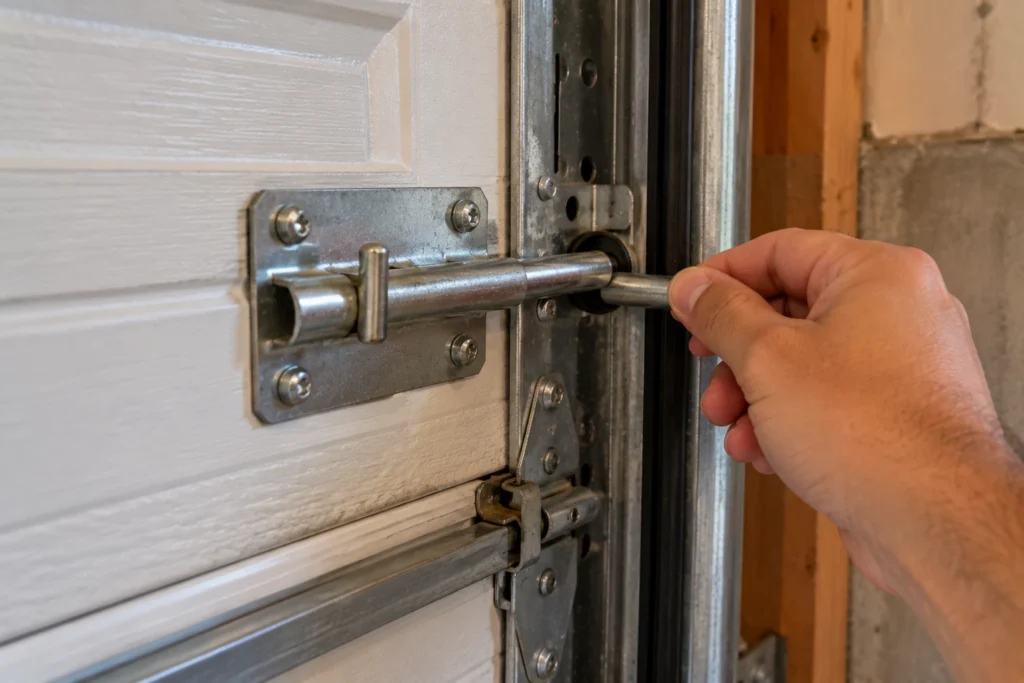 Sliding open a garage door slide bolt lock engaged in the track