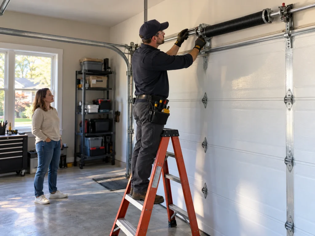 Garage door technician inspecting a torsion spring while the homeowner stands at a safe distance