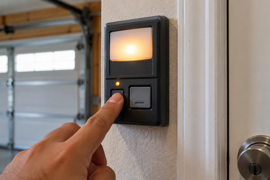 Pressing the lock button on a garage door wall control panel