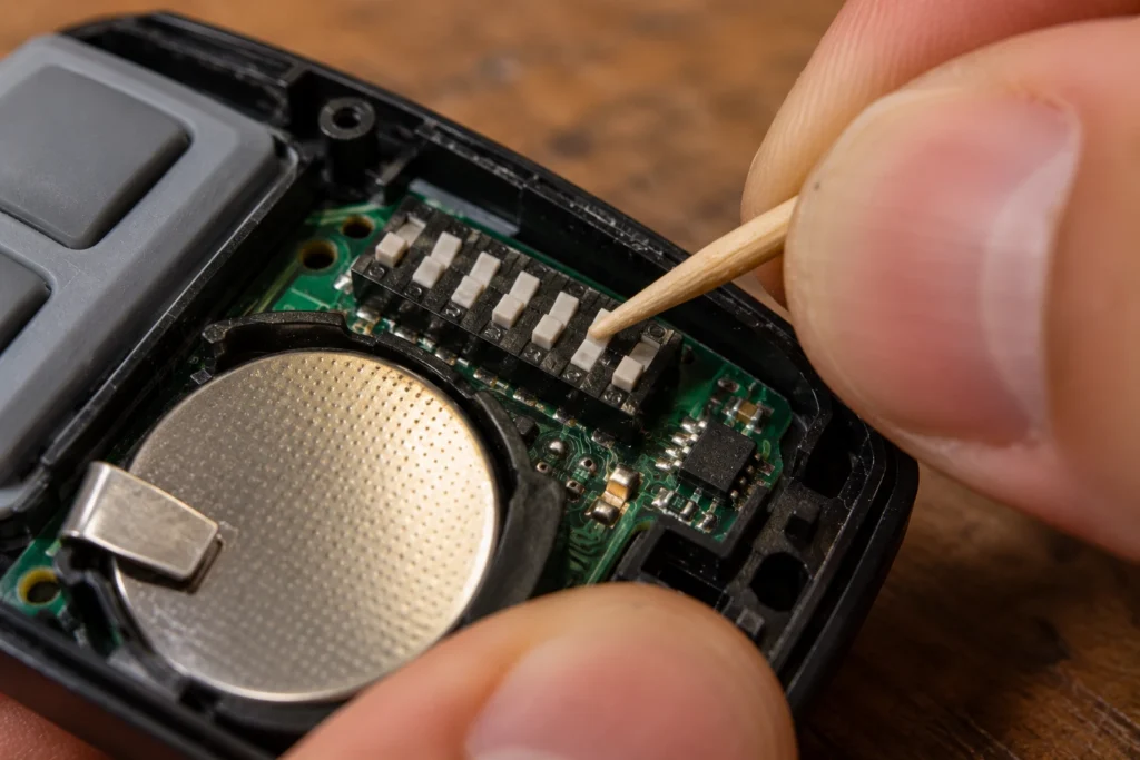 Setting the DIP switches inside a universal garage door remote