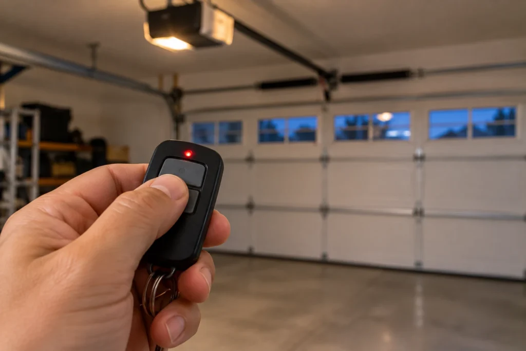 Garage door remote with its LED lit to check the battery and signal