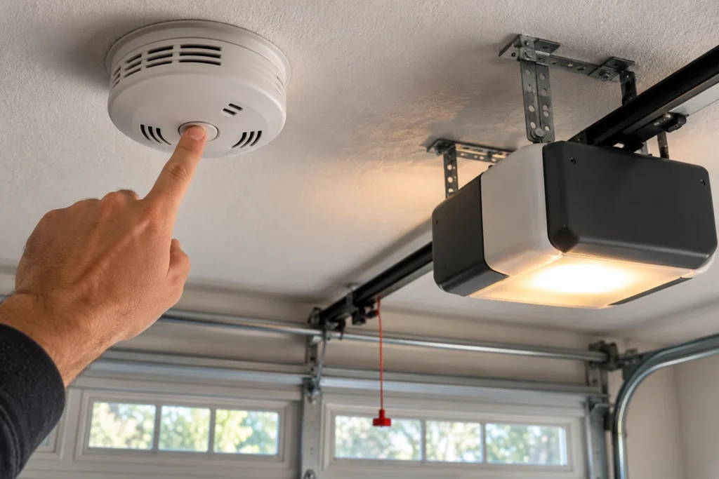 Hand pressing the test button on a smoke alarm mounted on the garage ceiling near the door opener
