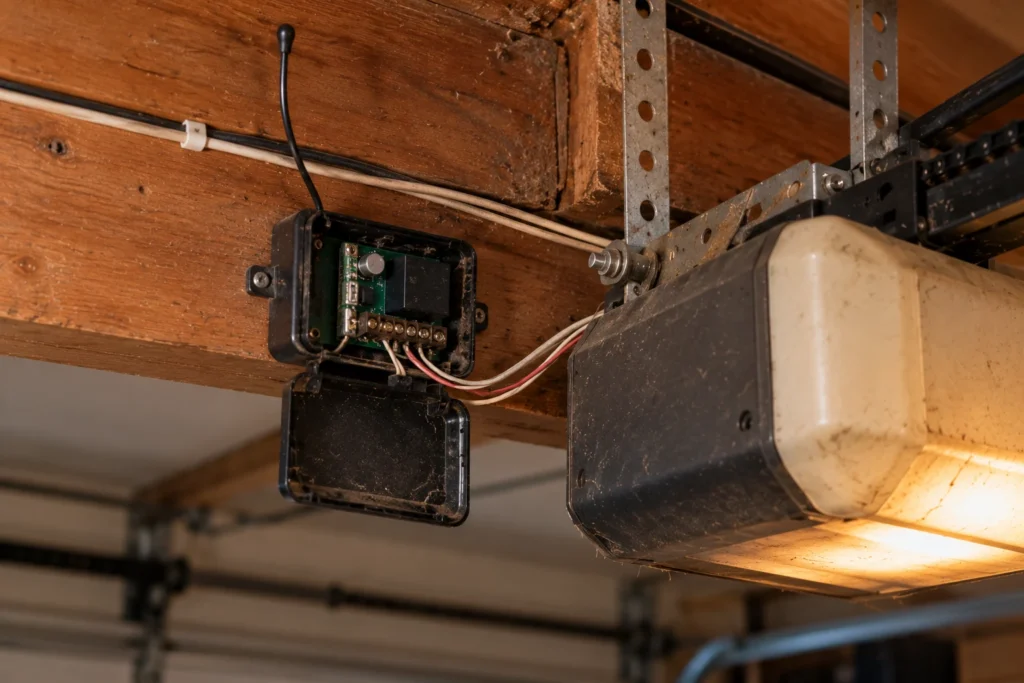 Small black radio receiver box with wiring mounted beside an older garage door opener motor unit
