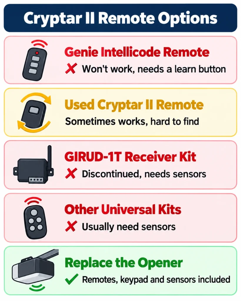 Infographic of Genie Cryptar II remote options showing which work and which do not