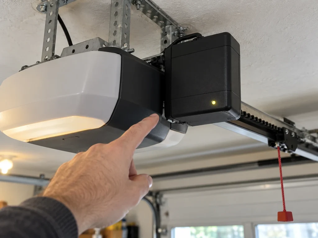 Hand pointing at the status light on a garage door opener battery backup unit mounted beside the motor