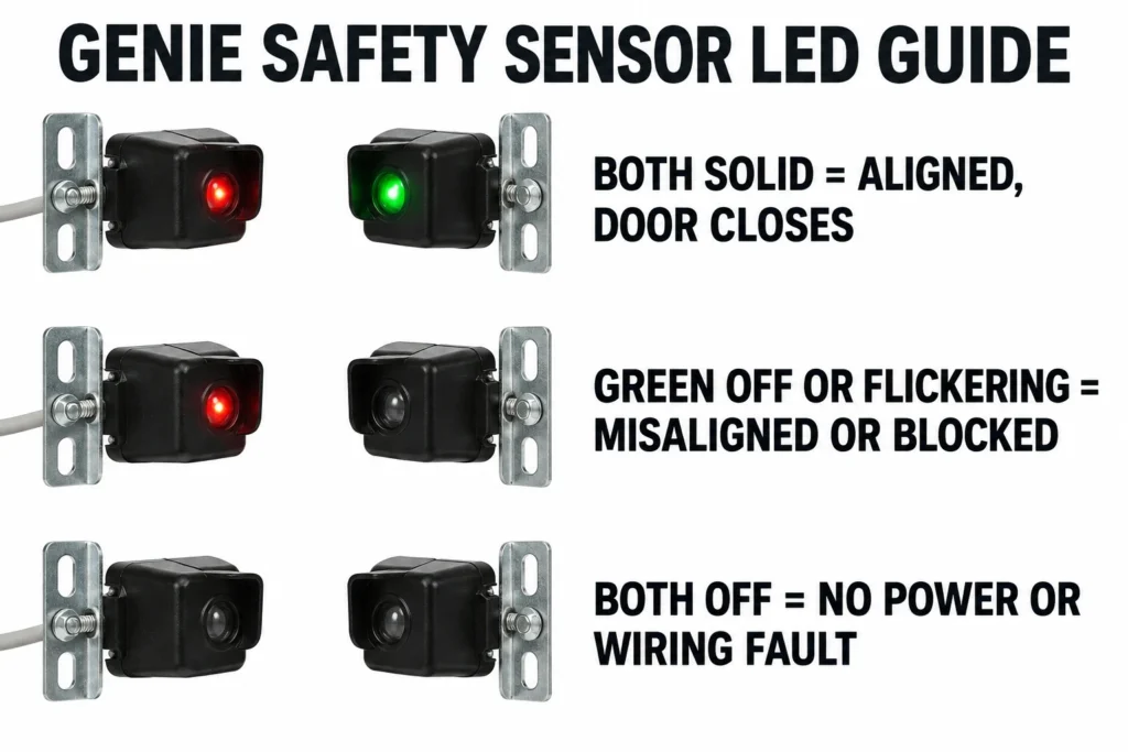 Genie Safe-T-Beam LED status chart showing aligned, misaligned and wiring fault states