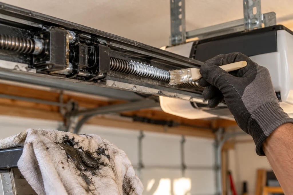 Applying white lithium grease to the threads of a garage door opener screw rod