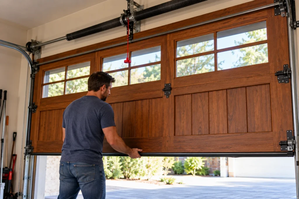 Homeowner holding a heavy wooden garage door halfway open by hand to test spring balance
