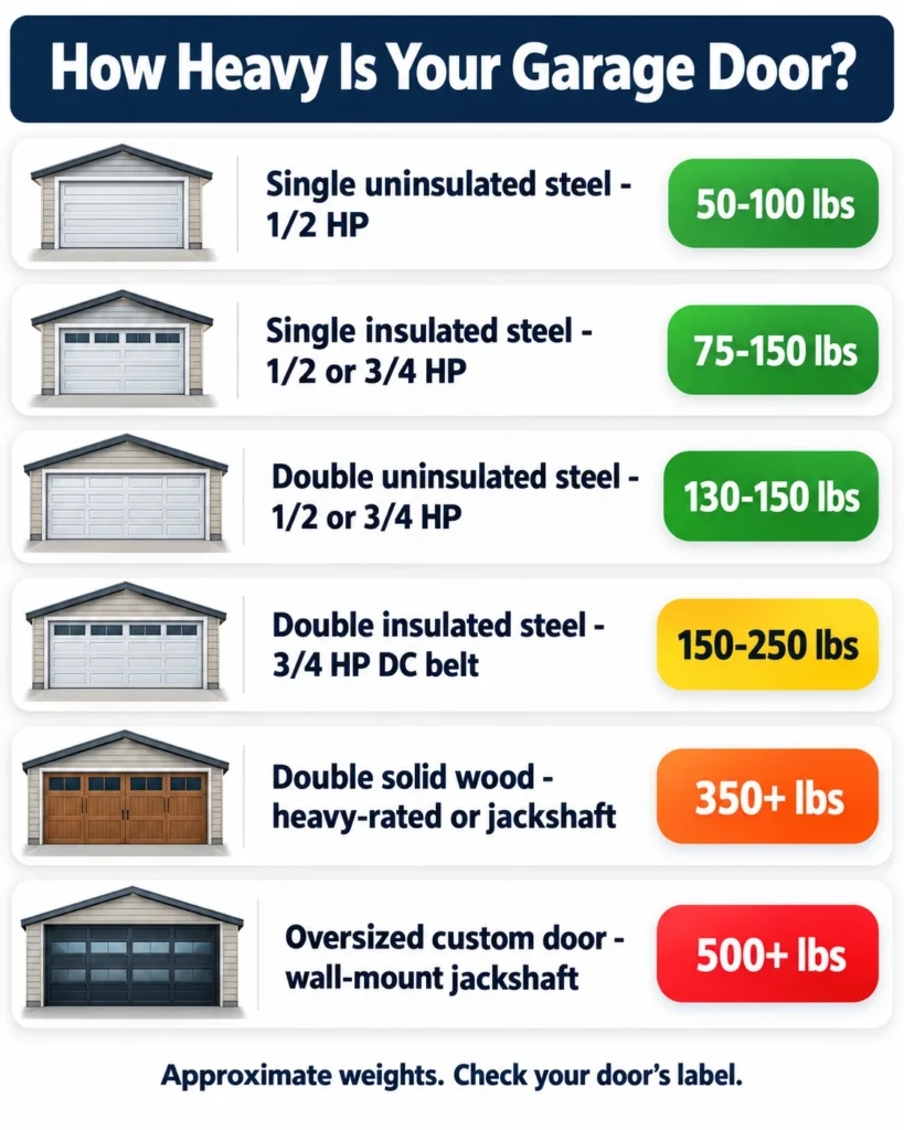 Chart of typical garage door weights by door type with the suggested opener class for each