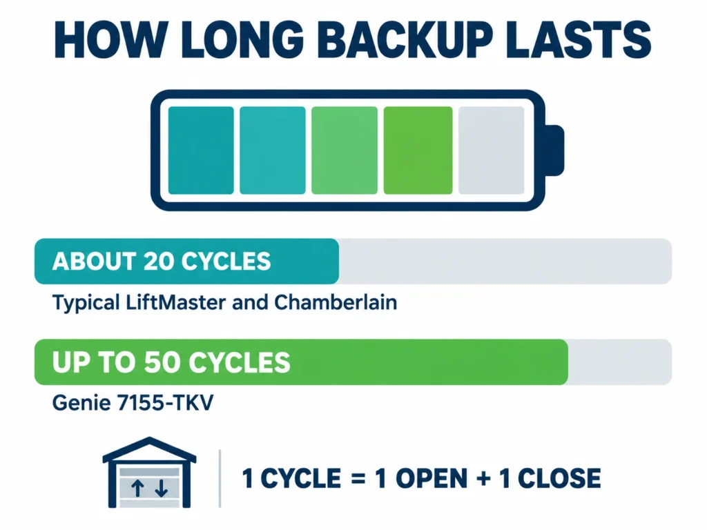 Best Garage Door Opener With Battery Backup (2026) 5 Chart showing about 20 cycles for typical LiftMaster and Chamberlain backup and up to 50 cycles for the Genie 7155-TKV