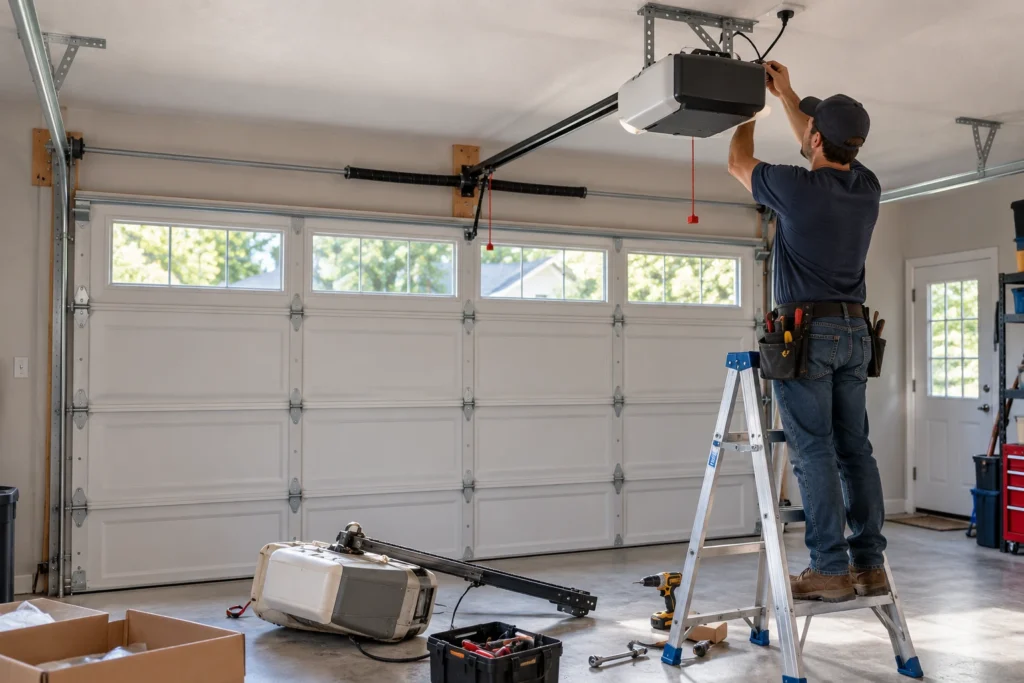 Is the Ryobi Garage Door Opener Compatible with Alexa? 6 Technician installing a new Alexa-compatible garage door opener after removing the old unit