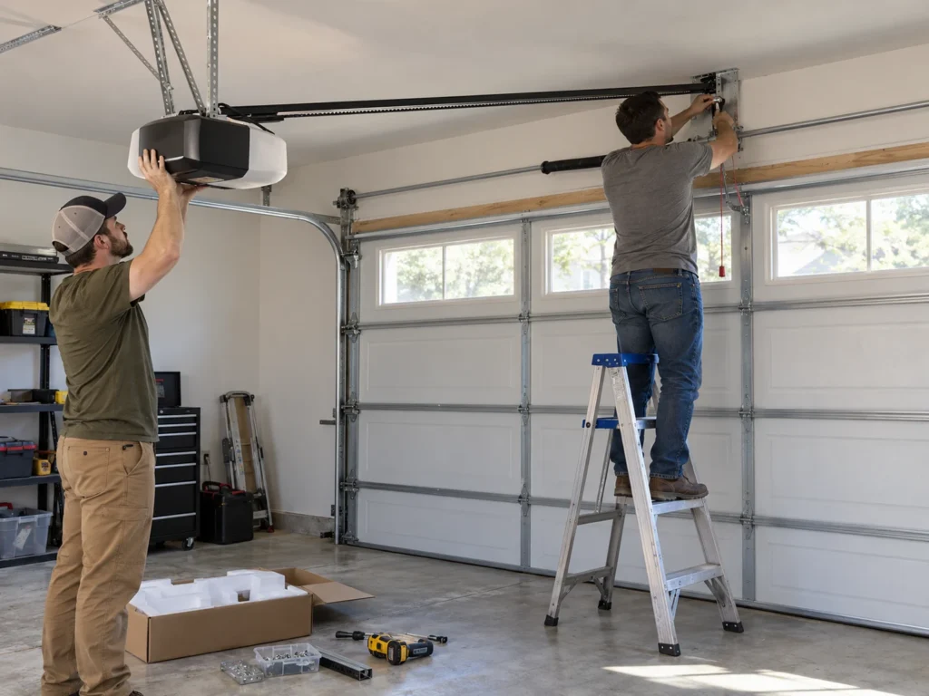 Two people installing a belt drive garage door opener, attaching the rail to the header bracket
