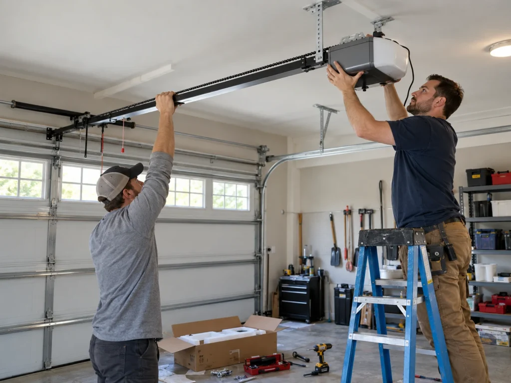 Two people installing a chain drive garage door opener, one on a ladder holding the motor unit