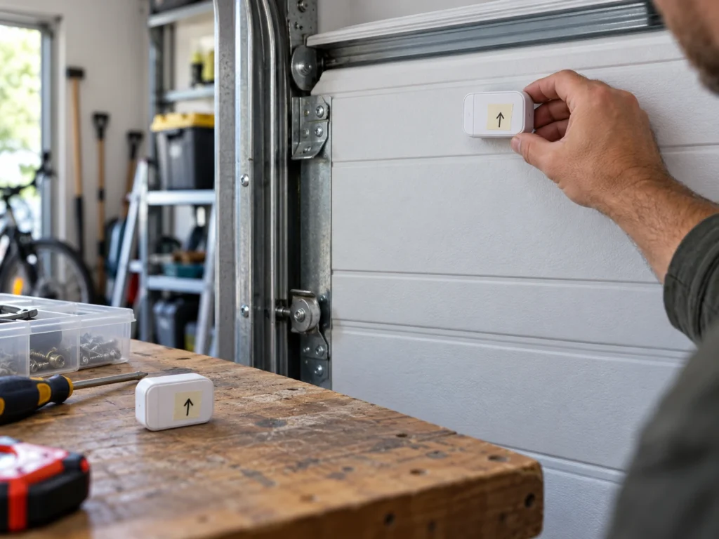 Two labeled myQ garage door tilt sensors with one being mounted on the top panel of a garage door