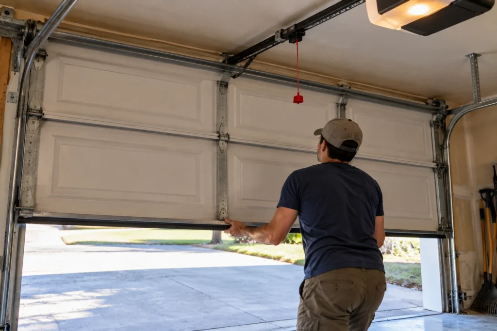 Lifting a garage door by hand to test its balance after pulling the emergency release