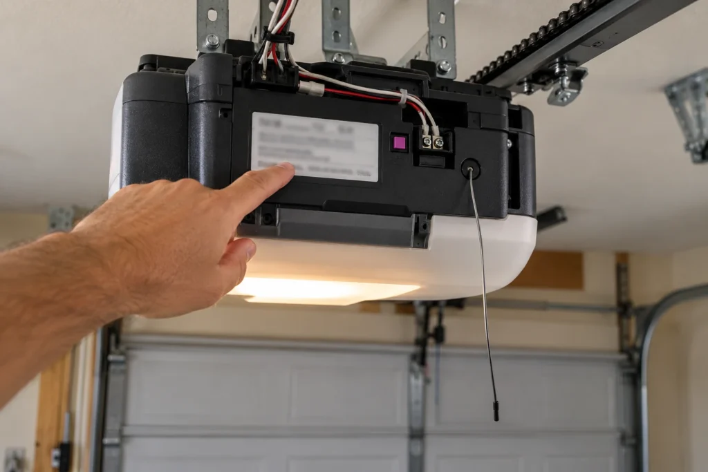 Hand pointing to the model label and learn button on the back of a LiftMaster 1/3 HP opener motor head