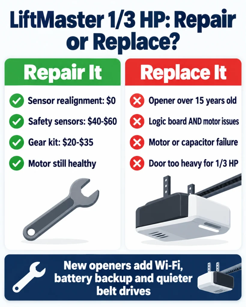 Infographic comparing when to repair or replace a LiftMaster 1/3 HP garage door opener