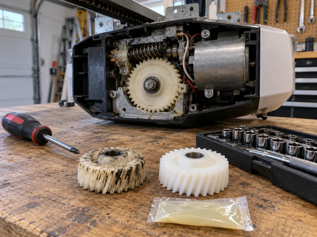 Opened LiftMaster opener motor head with a stripped plastic drive gear next to a new replacement gear kit
