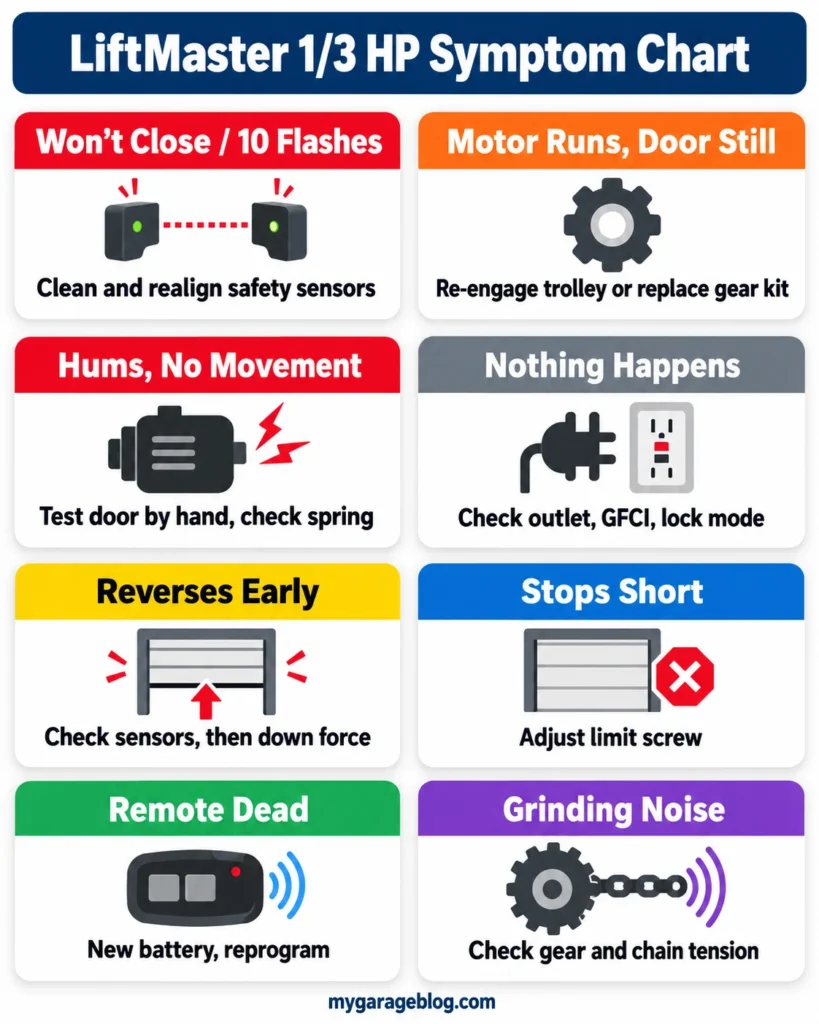 LiftMaster 1/3 HP symptom chart showing eight common problems and the first fix for each