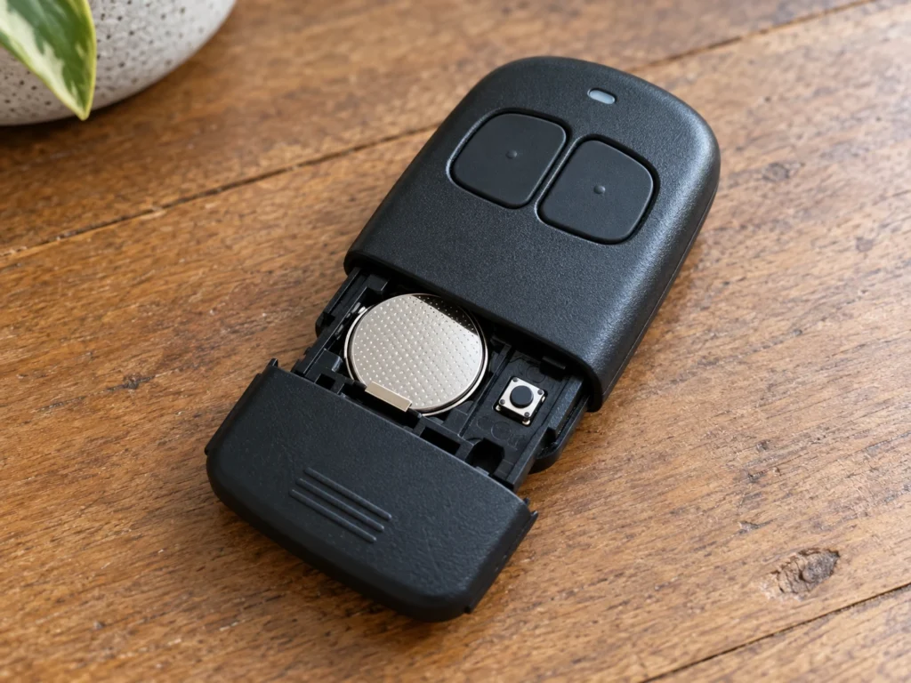 Two-button universal garage remote with battery cover open showing the coin battery and program button