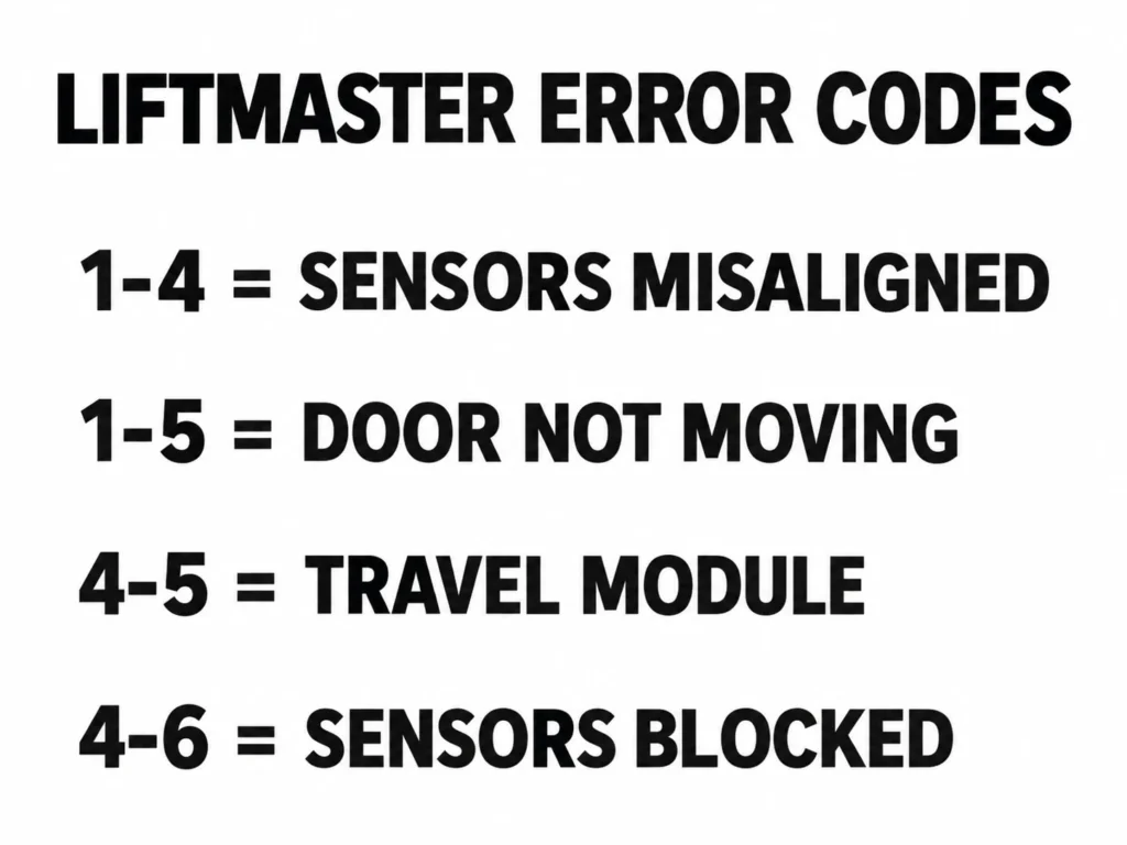 LiftMaster error codes chart: 1-4 sensors misaligned, 1-5 door not moving, 4-5 travel module, 4-6 sensors blocked