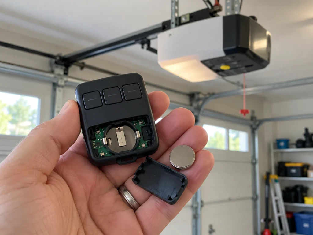 Open garage door remote with its coin cell battery removed in front of a LiftMaster opener