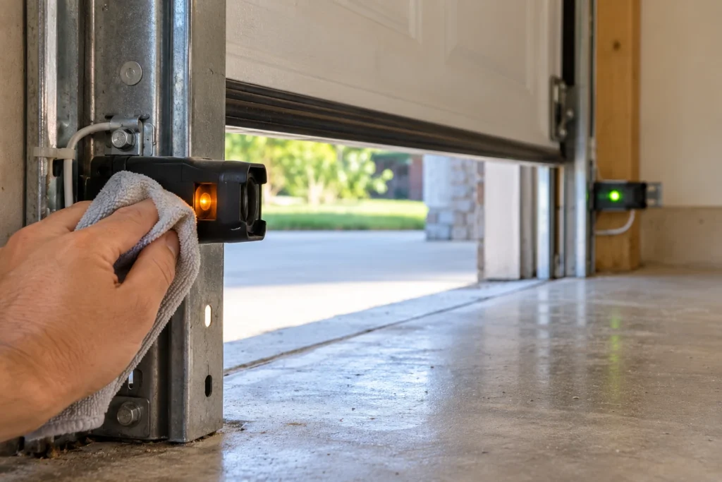 Hand cleaning a garage door safety sensor lens mounted low on the door track