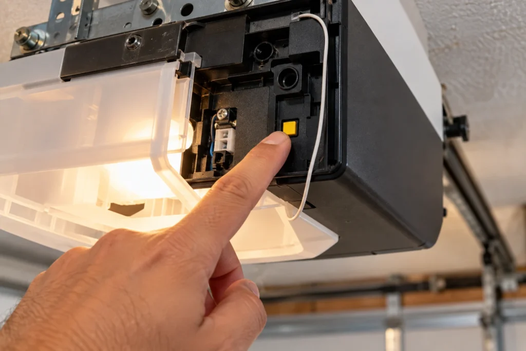 Finding the yellow learn button on a garage door opener motor unit