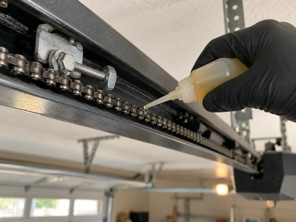 Gloved hand applying lubricant to the steel chain of a garage door opener rail