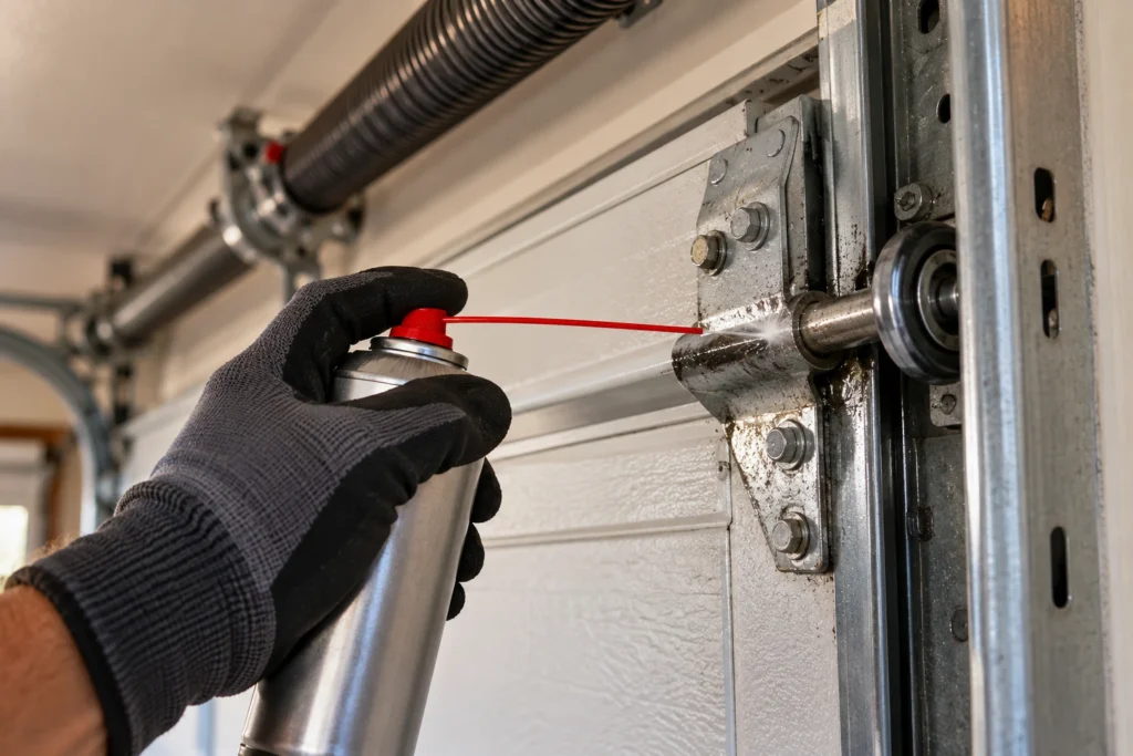 Gloved hand spraying lubricant on the rollers and hinges of a heavy insulated garage door