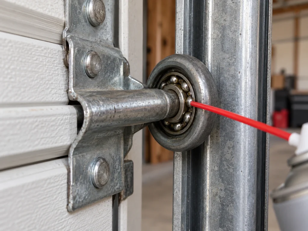 Best Lubricant for Garage Door Hinges (What Actually Works) 9 Straw applicator aimed at the exposed ball bearings of a steel garage door roller