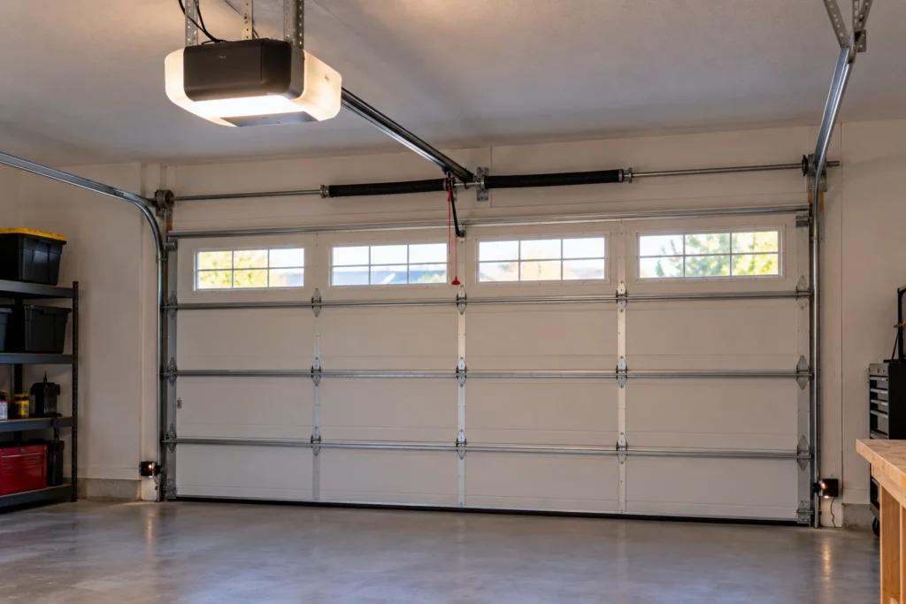 Modern garage door opener with LED light and safety sensors in a clean garage