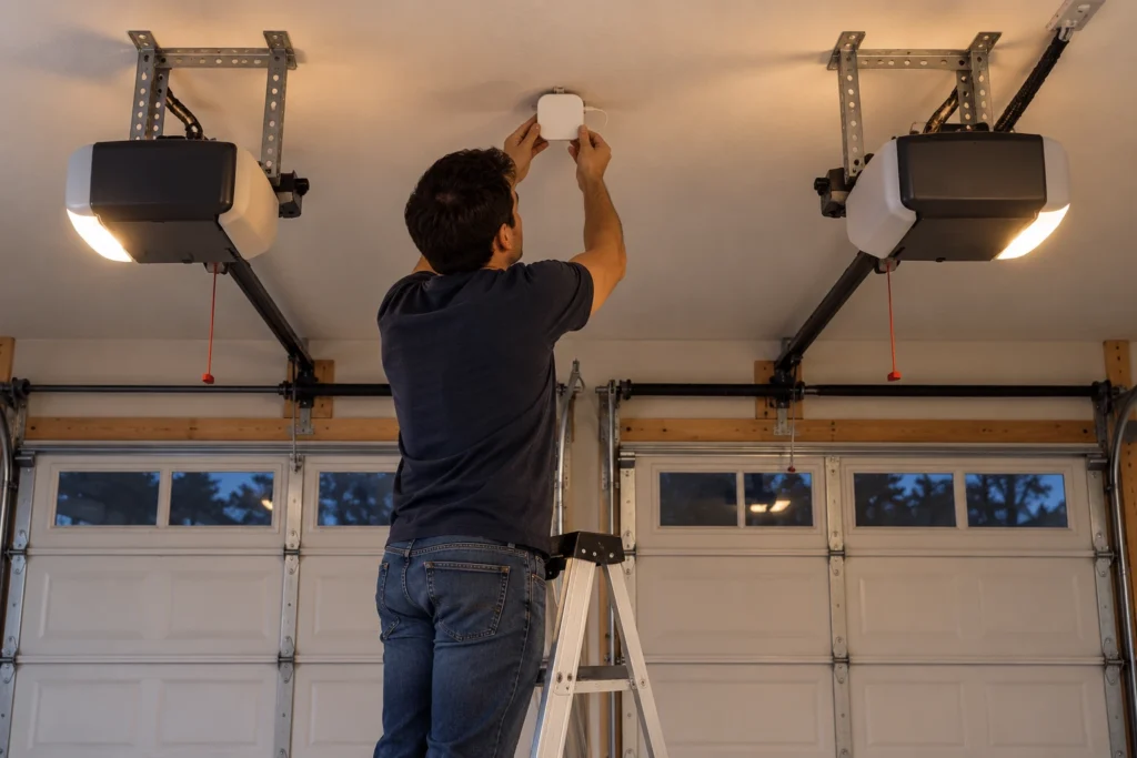 Person mounting a myQ Smart Garage Control hub on the ceiling between two garage door openers