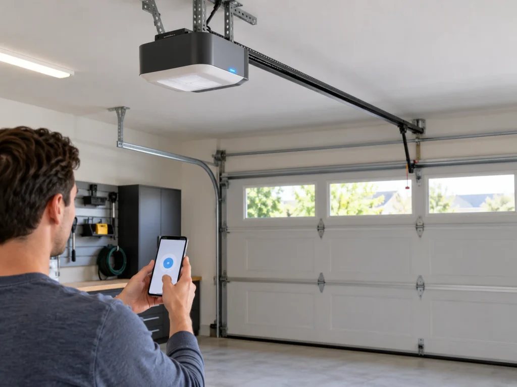 Homeowner using a smartphone to connect a garage door opener with built-in myQ Wi-Fi