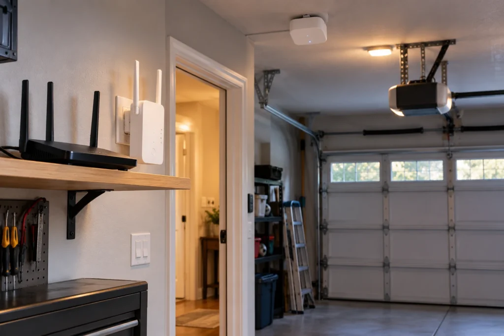 Wi-Fi router and extender near the garage entry to boost signal for a myQ hub