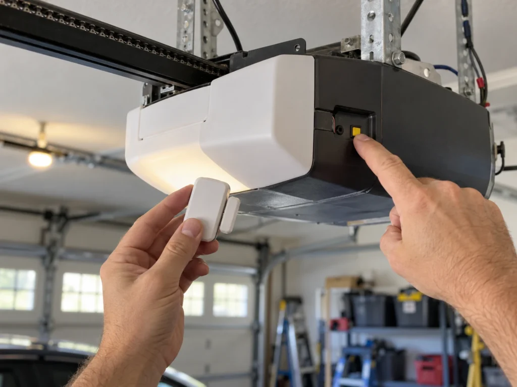 Hand pressing the learn button on a garage door opener while holding a myQ door sensor for the second door