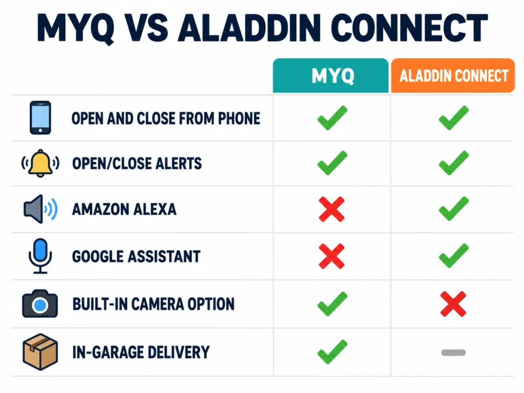 myQ vs Aladdin Connect comparison chart showing Alexa and Google Assistant support, alerts, camera option and in-garage delivery