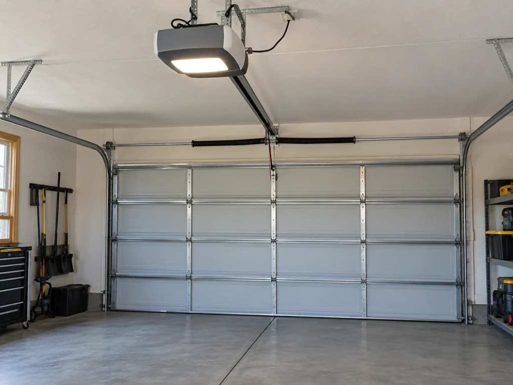 Newly installed belt drive WiFi garage door opener with integrated LED light
