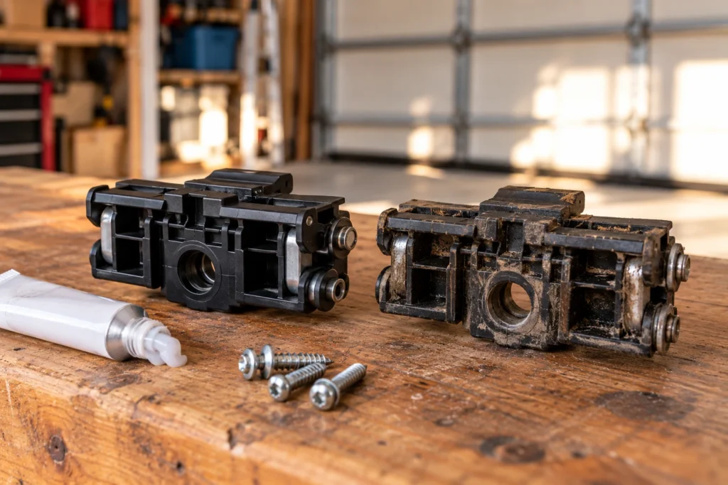 New replacement screw-drive carriage next to an old worn carriage on a workbench