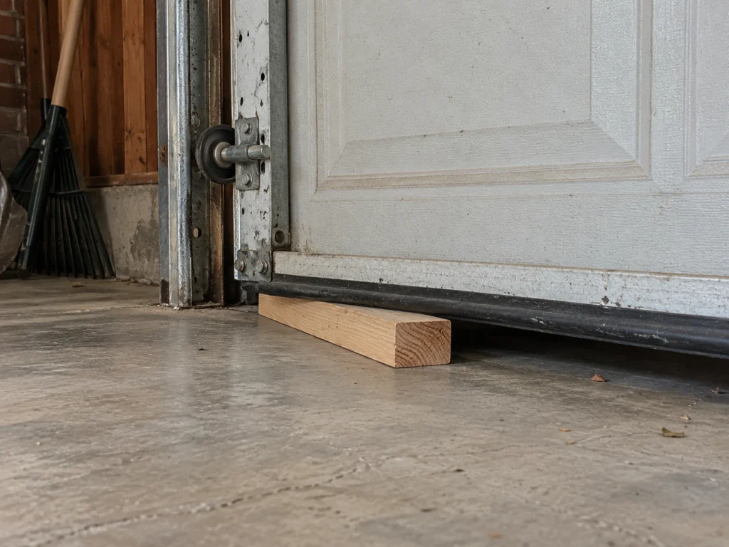 Garage door closing onto a 2x4 board laid flat for a safety reverse test