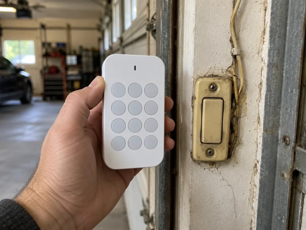 Old garage door wall button with aged wiring next to a modern wireless keypad held in a hand