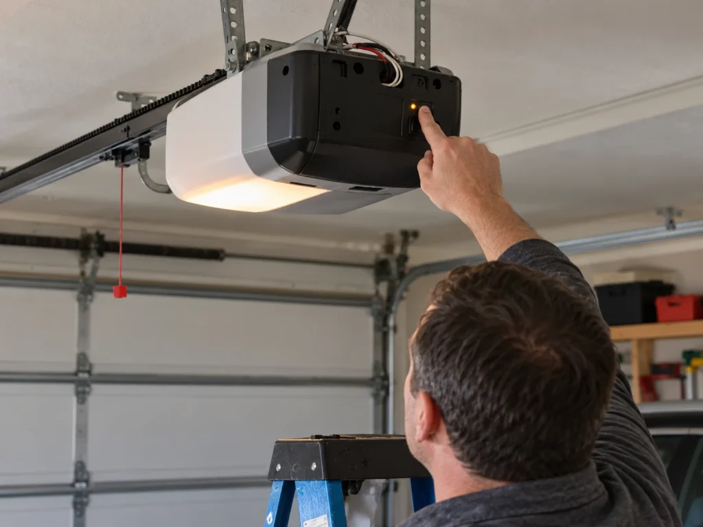 How to Reset Craftsman Garage Door Keypad Without Enter Button 5 Man on a step ladder pressing the learn button on the back of a garage door opener