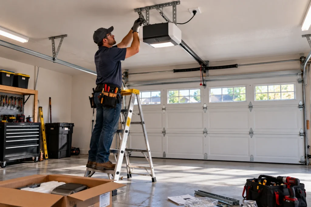 Installer on a ladder mounting a new heavy-duty garage door opener near a ceiling outlet