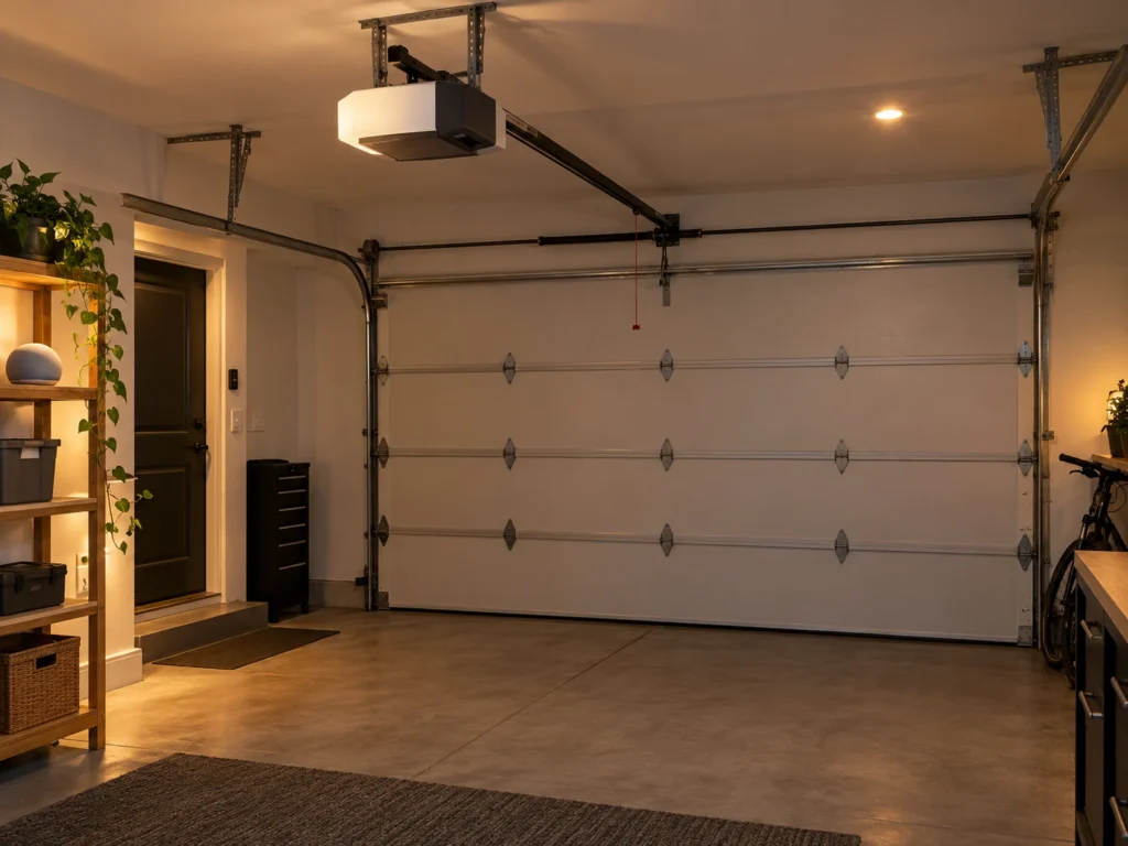 Modern garage with a quiet belt drive opener and a smart speaker on a shelf near the house door