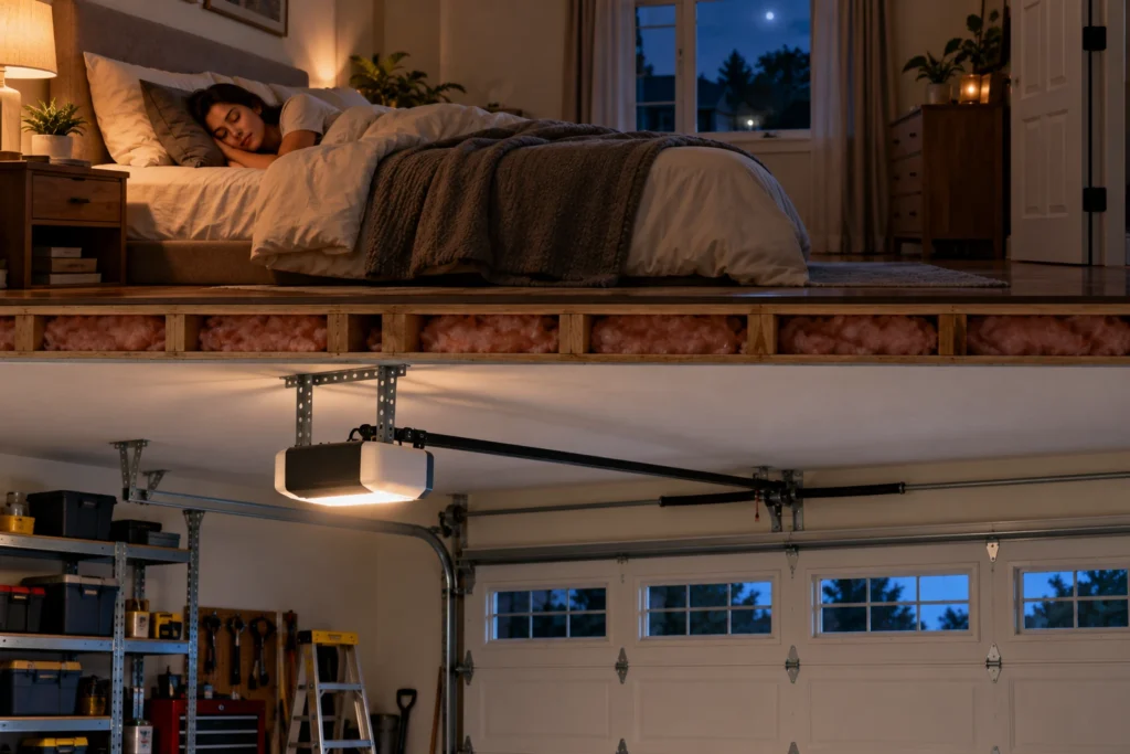 Person sleeping in a bedroom directly above an attached garage with a belt drive opener below