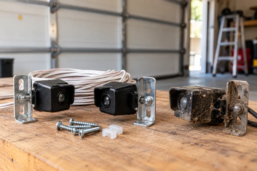 New replacement garage door safety sensor pair with brackets and wire